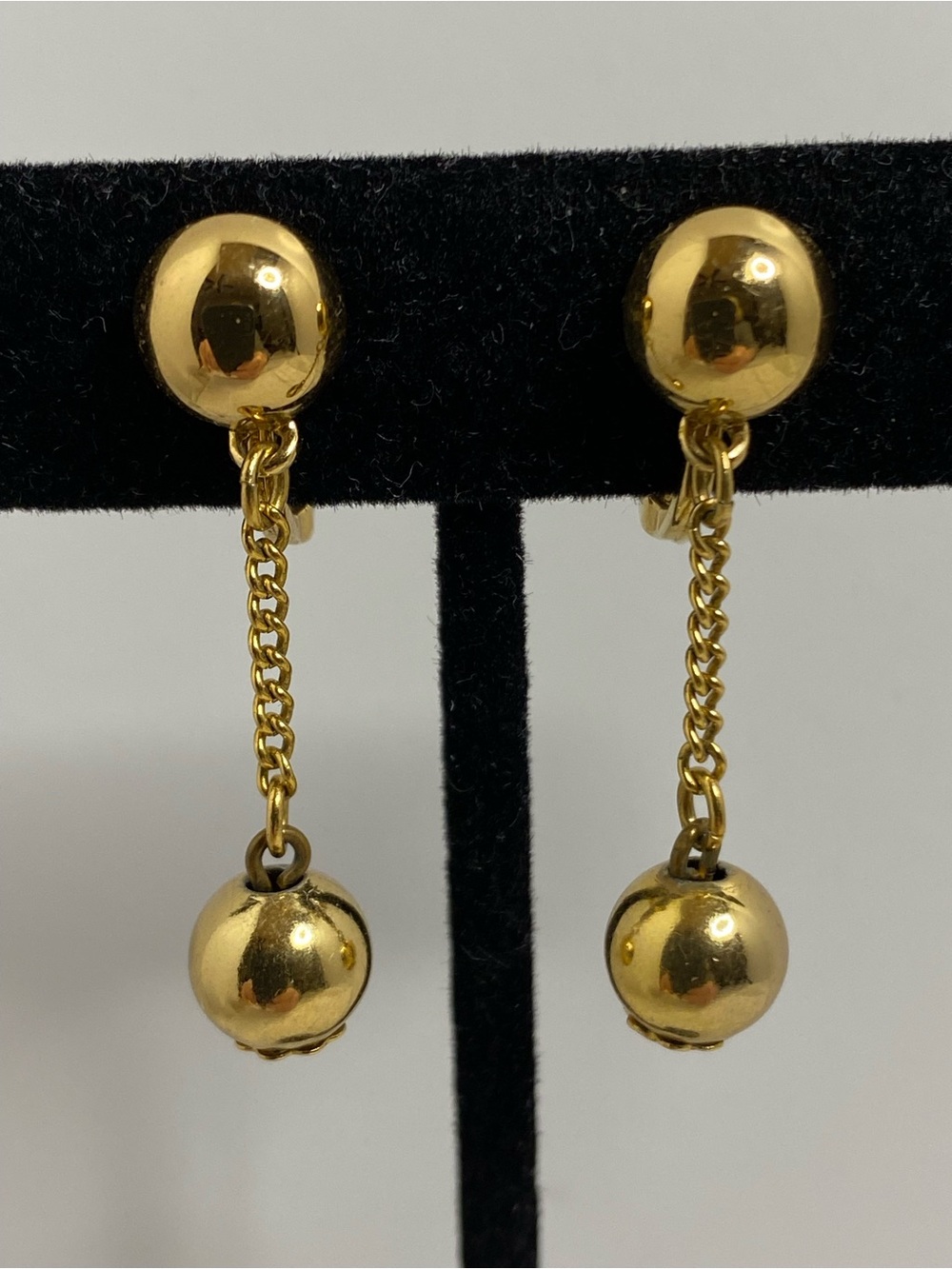 Vintage Monet Gold Tone Dangle Clip On Earrings Double Ball Chain Drop Signed
